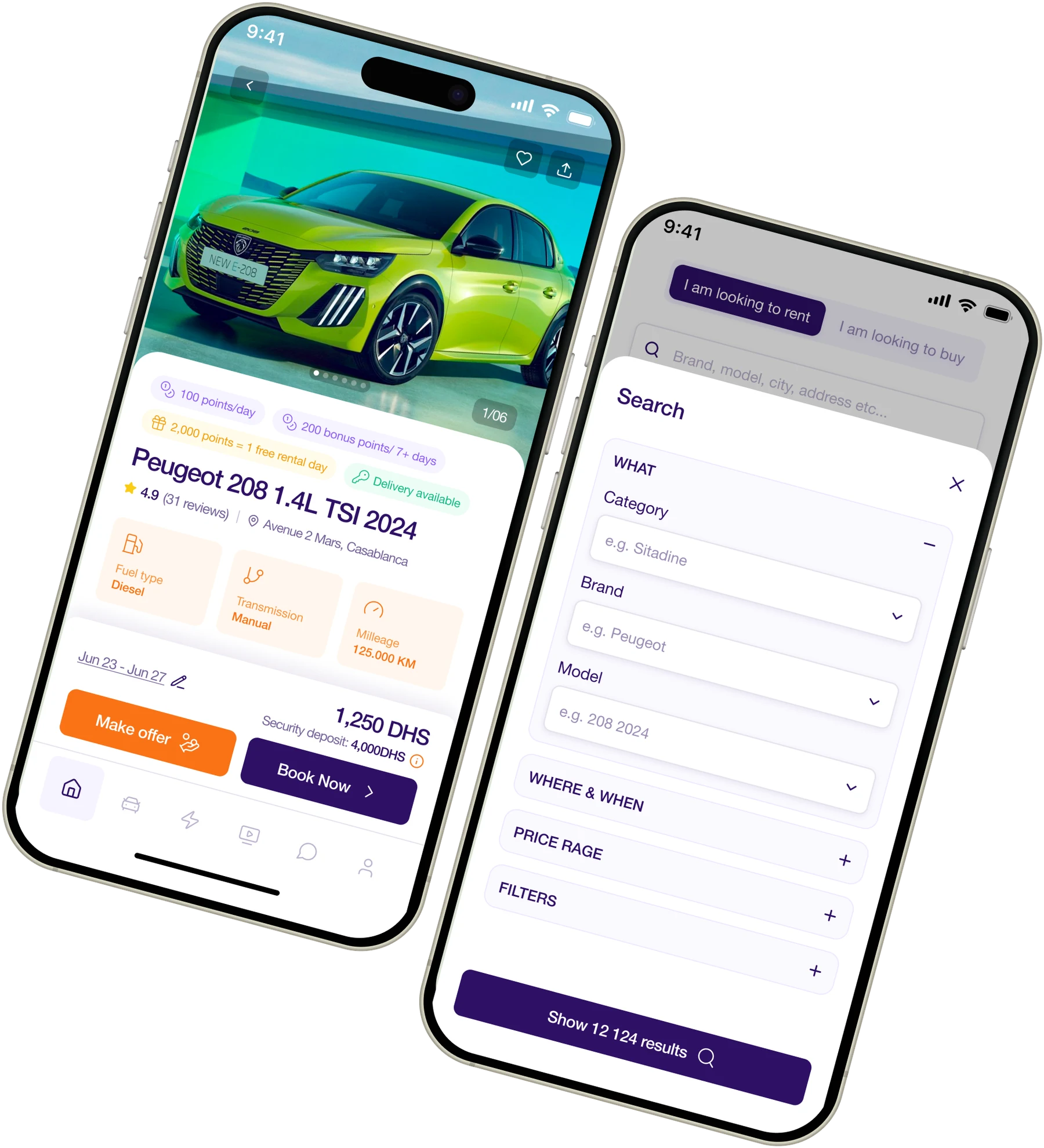 Phone mockups showing the Peugeot 208 rental listing and search filters