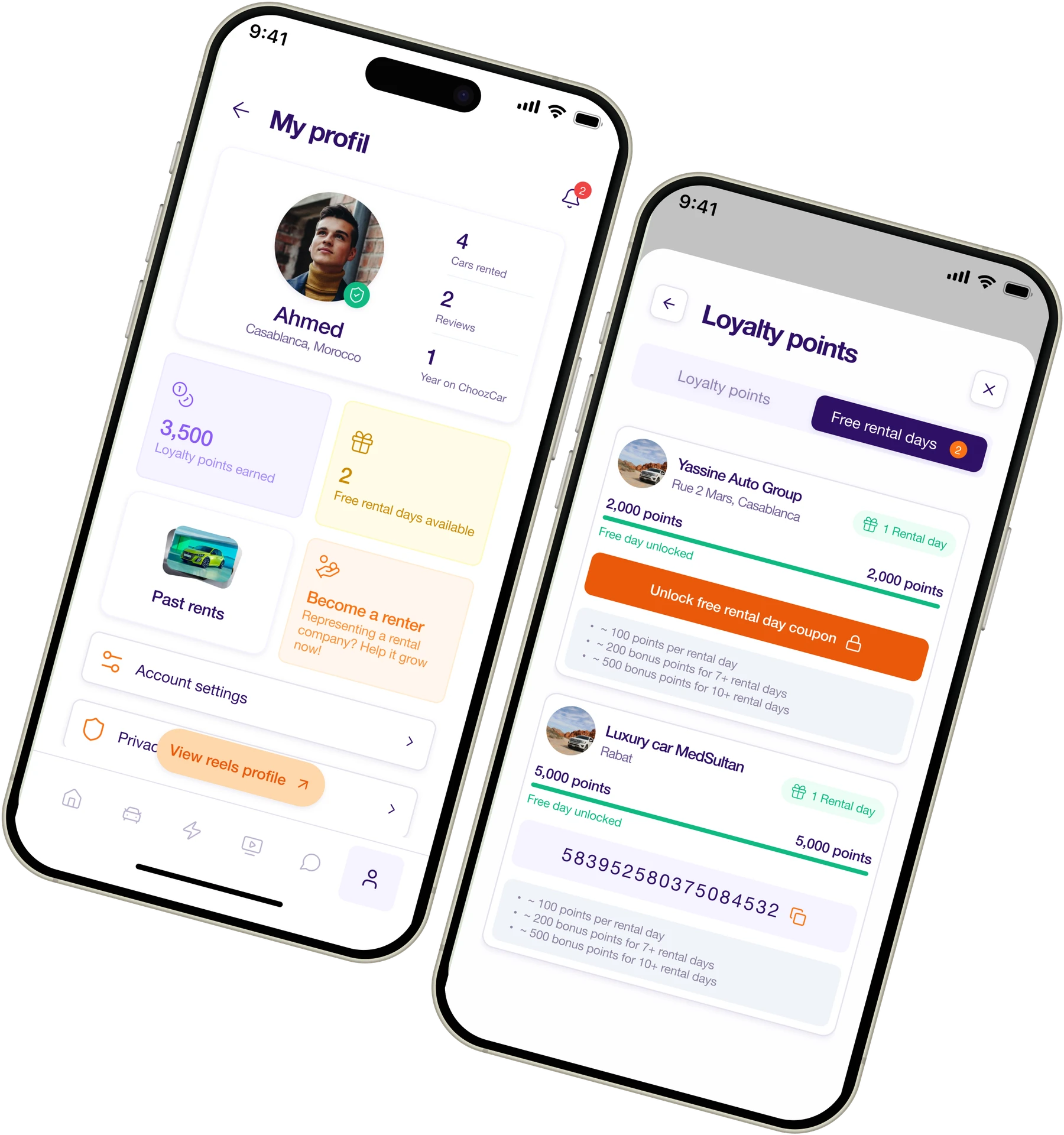 Phone mockups showing a user profile with loyalty points and the rewards redemption screen