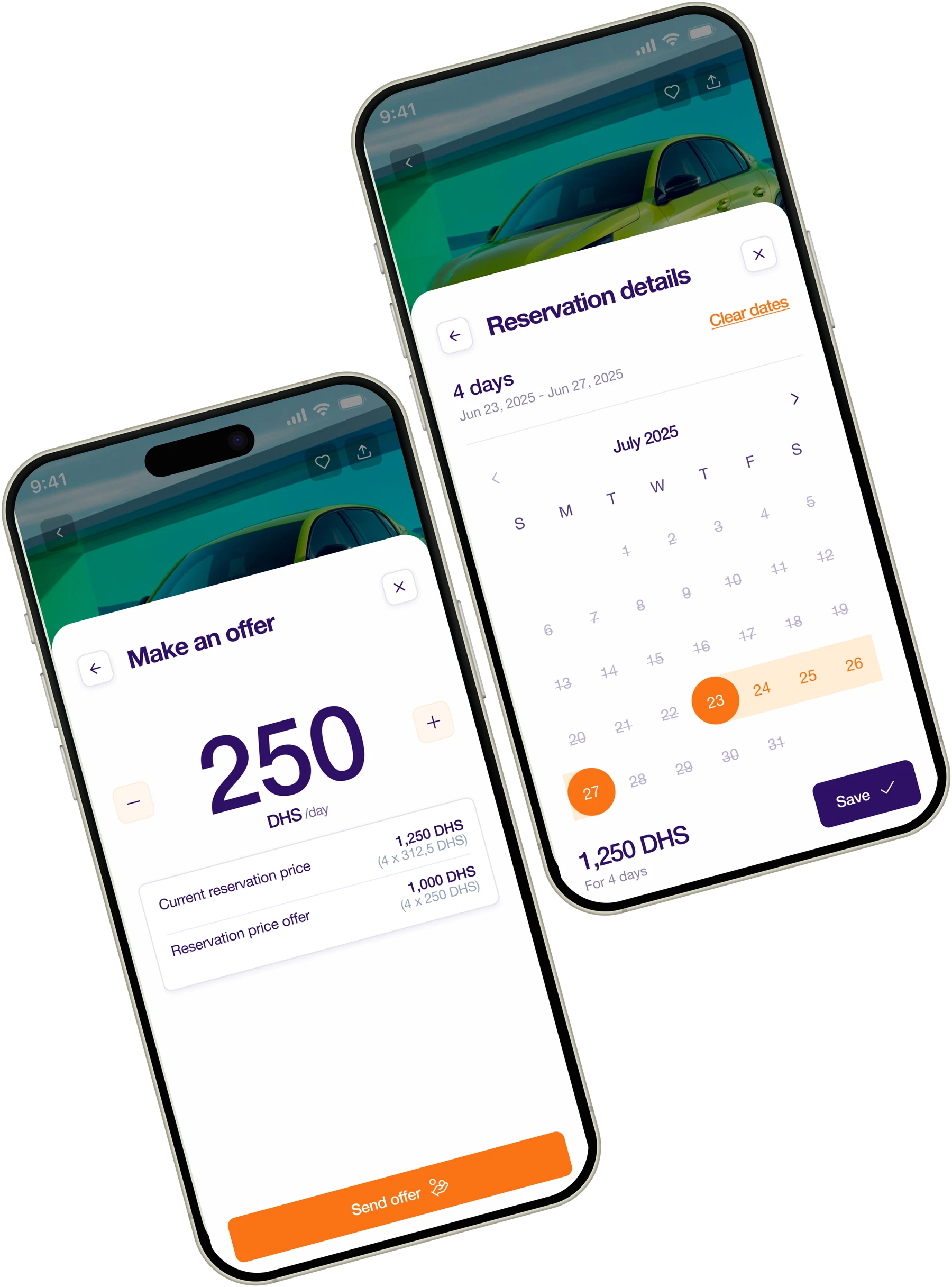 Phone mockups showing an offer negotiation and a reservation calendar