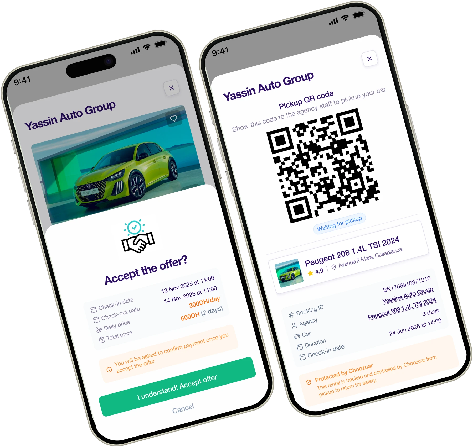 Phone mockups showing an offer acceptance confirmation and a car pickup QR code